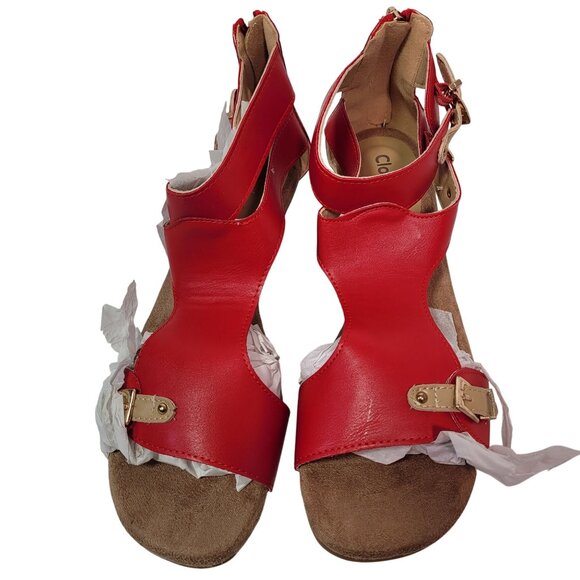 Cloud 90 Women's Red Open-Toe Leather Wedge Sandals With Buckle Straps Size 7 - Picture 8 of 12
